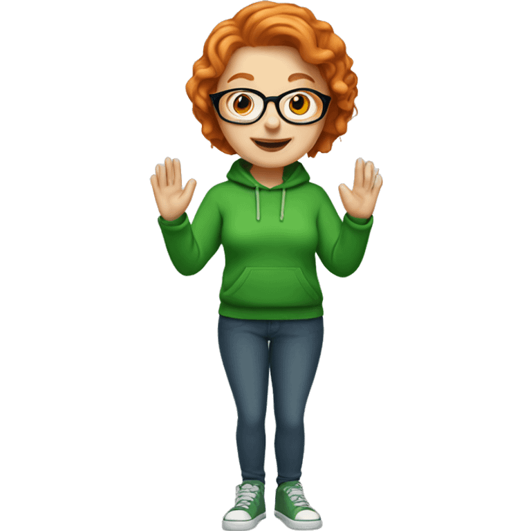 Short hair ginger lady with glasses, wearing a green hoodie, waving emoji