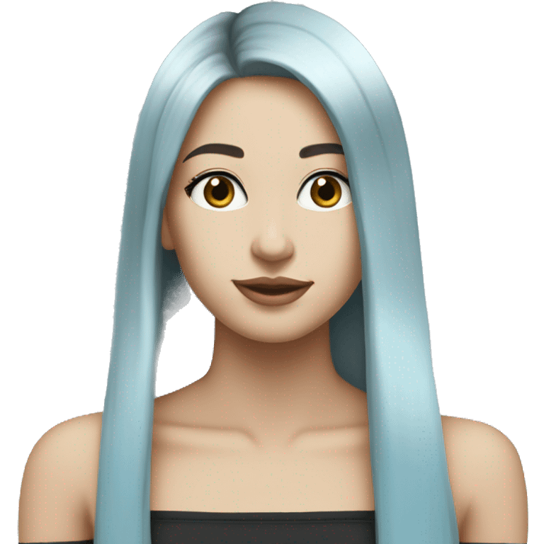 long straight hair, two-tone color (black and white), light blue off-shoulder top, emoji