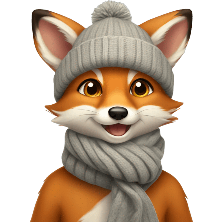 A cute little charming fox cub in a winter hat and scarf shows his tongue emoji