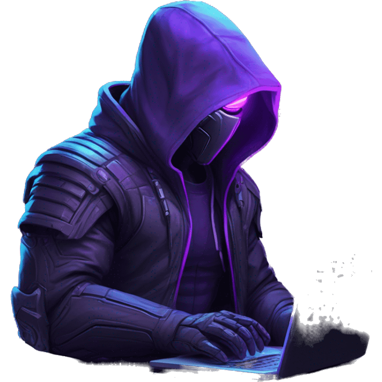 Side view developer behind his laptop with this style : crysis Cyberpunk Valorant neon glowing bright purple character purple violet black hooded assassin themed character emoji