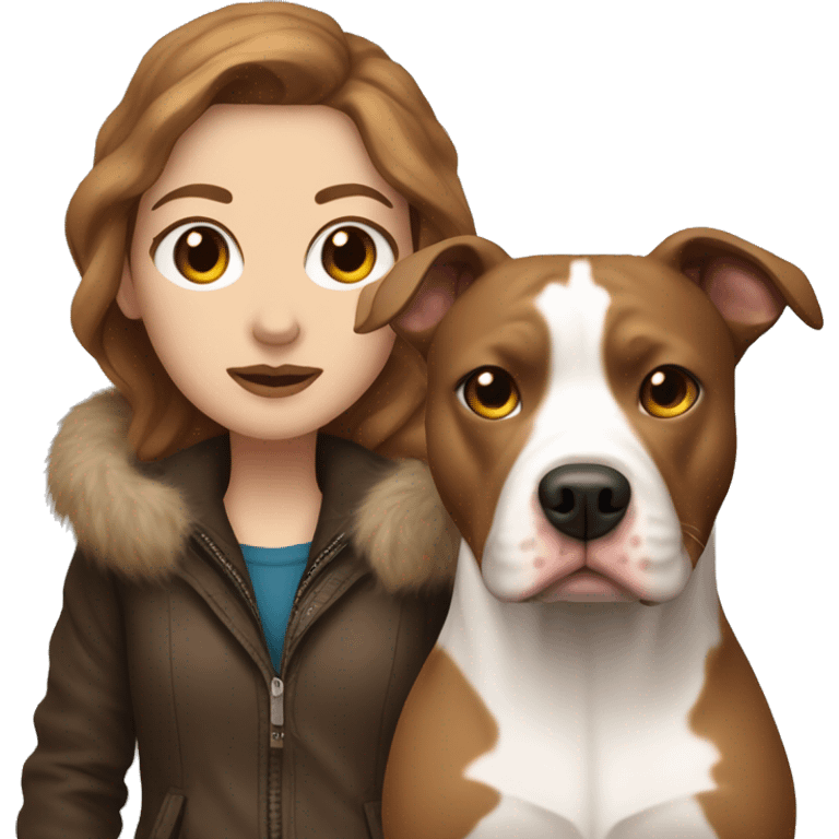 white woman with long brown hair in a furry jacket standing alongside a white pitbull with one brown patch around his eye emoji