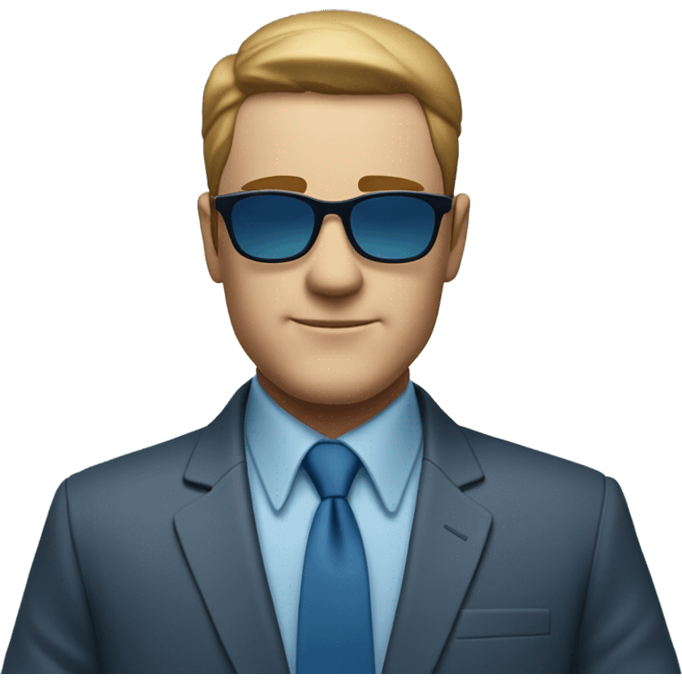 White Square face, sharp features, clean-shaven, and a confident, relaxed expression. Wears a blue shirt and tie with sunglasses, standing casually by the water, giving off a stylish and modern vibe. emoji