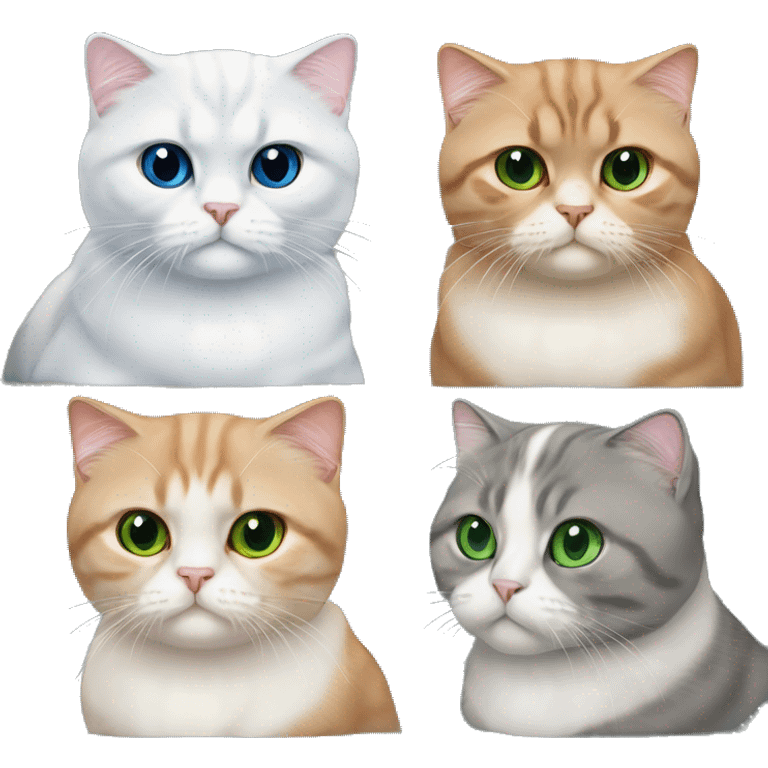 Scottish Fold cat with red fur and green eyes with straight ears sits with Scottish Fold, a cat with folded ears, blue eyes and white fur. emoji