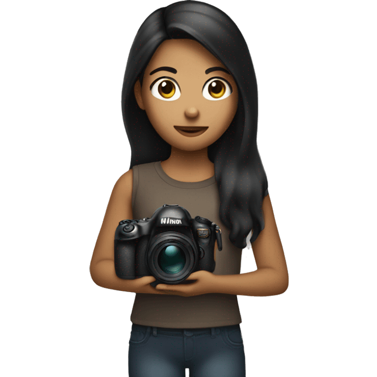 Girl with dark Haie and brown eyes Holding a Nikon Camera in her hands emoji