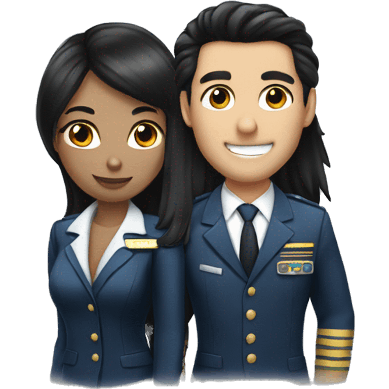 Flight attendant with long black hair and white skin with a pilot man with black hair emoji