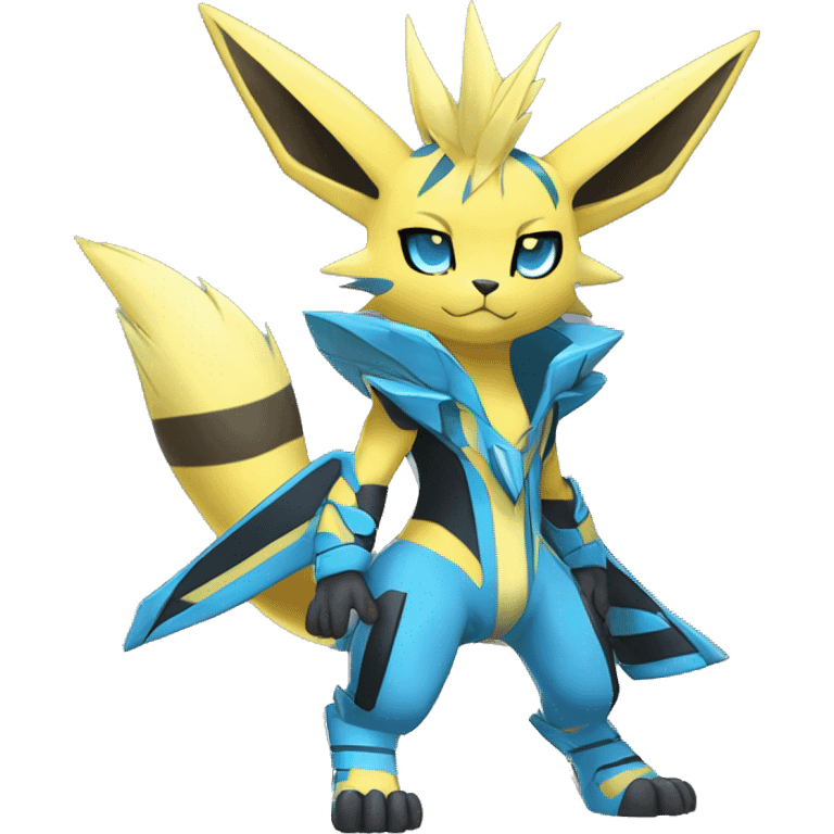 Anthro Edgy Cool Zeraora-Lombax-Jolteon-Pokémon-Fakémon with shiny blue stripes Full Body Detailed High Quality emoji