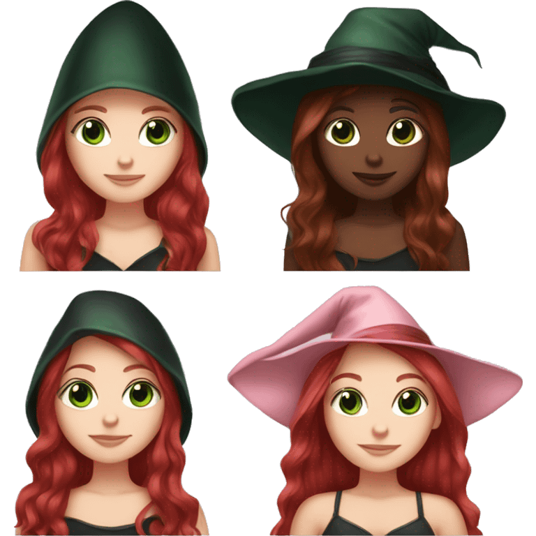 White girl long dark red hair green eyes and baby pink witch hat emoji