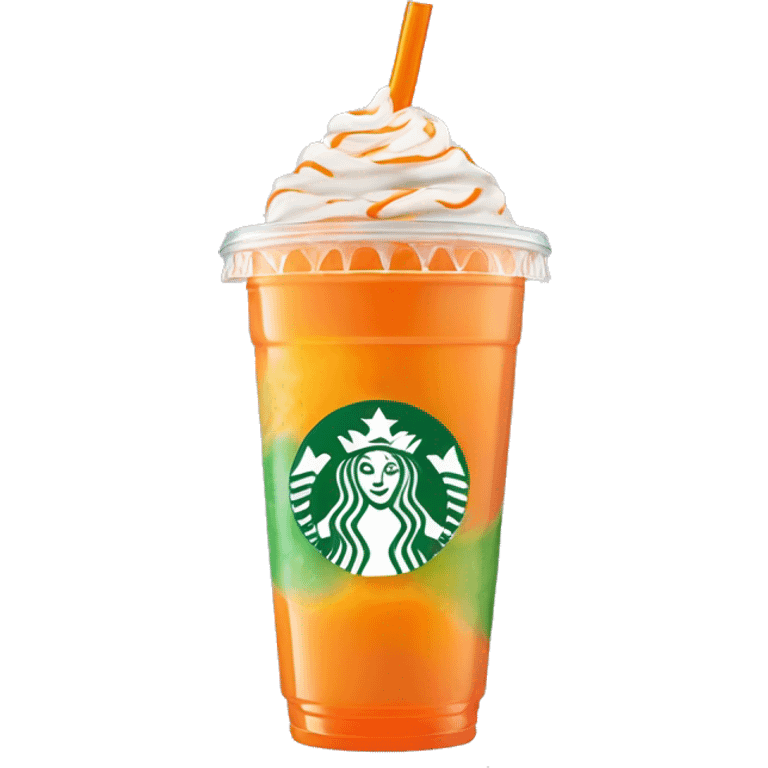 Realistic clear plastic cup with orange plastic Transluscent domed lid with orange and white swirled Frappuccino inside and green straw through the top of the lid. emoji