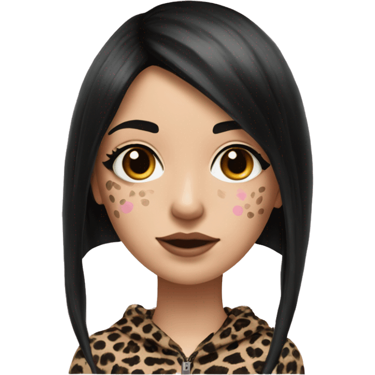 Hyperrealistic white girl with long black hair with a pink fringe and has eye makeup on, she is wearing a black and leopard print hoodie  emoji