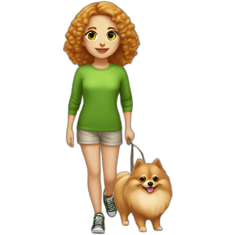 light-skinned-girl-with-green-eyes-walk-with-red-pomeranian emoji