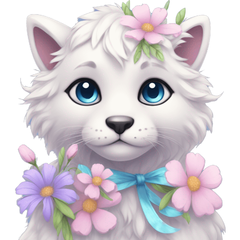 Anthro Cute Cool Pastel Kawaii gorgeous sparkly ethereal fantasy animal creature with blue eyes furry sona with flowers and ribbons beautiful aesthetic emoji