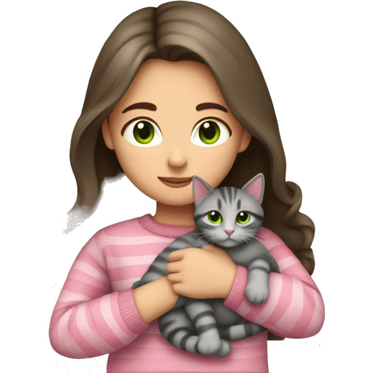 Brunette girl with long hair and green eyes in a pink sweater hugs a gray striped cat emoji