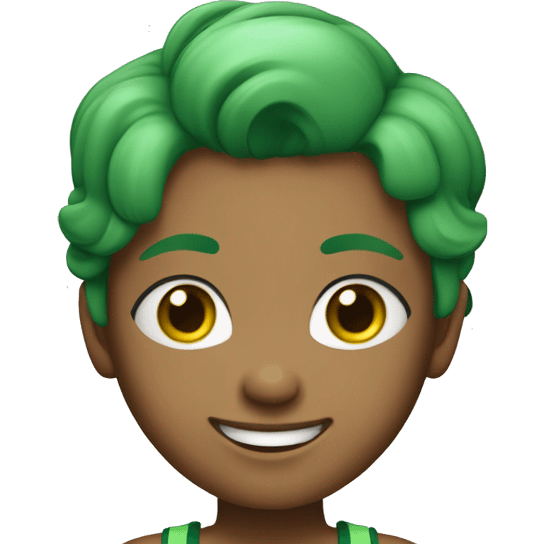 A girl in a green sports top with green hair smiles widely  emoji