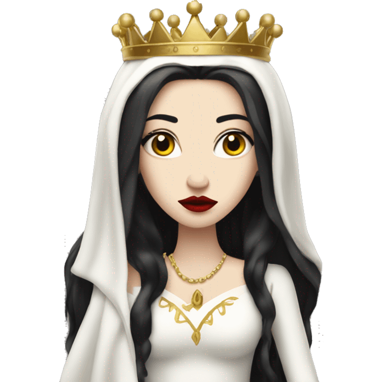 Queen with pale skin, long black hair, bright red lips, skinny gold crown, white dress, and evil stare.  emoji