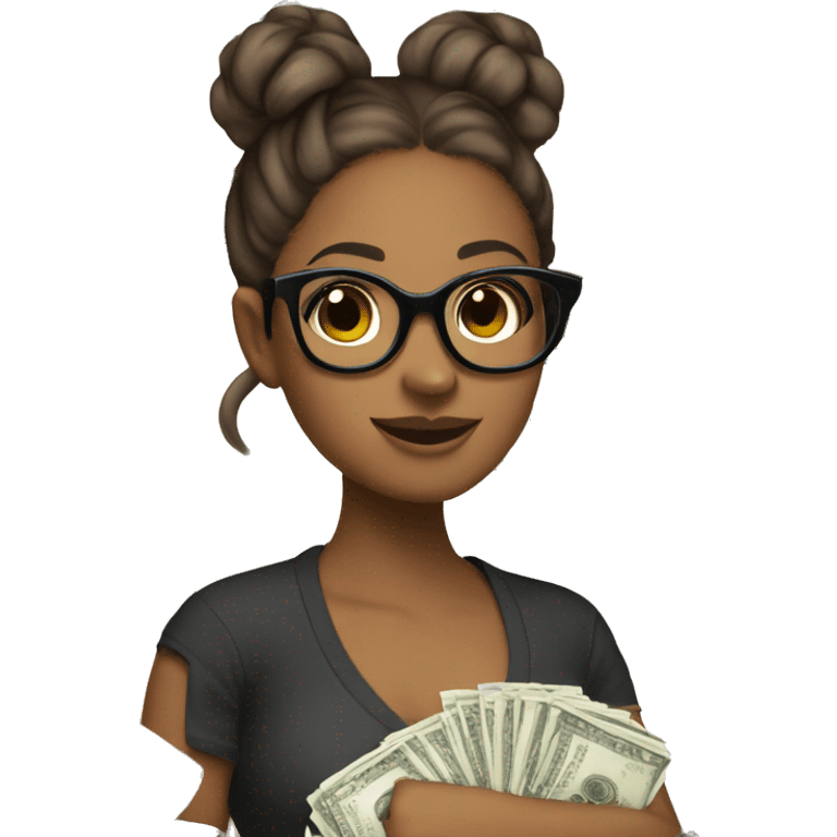 Sassy Brown girl holding money with glasses on and her hair in a bun emoji