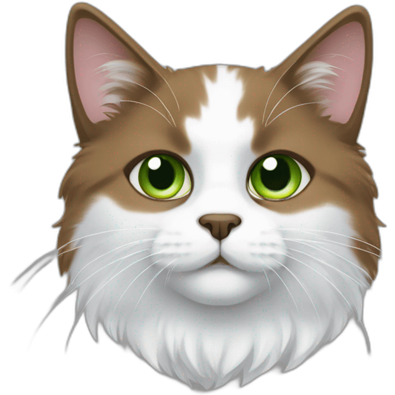 white fluffy bi-colour cat with dark brown ears and upper head, brown ears and green eyes emoji