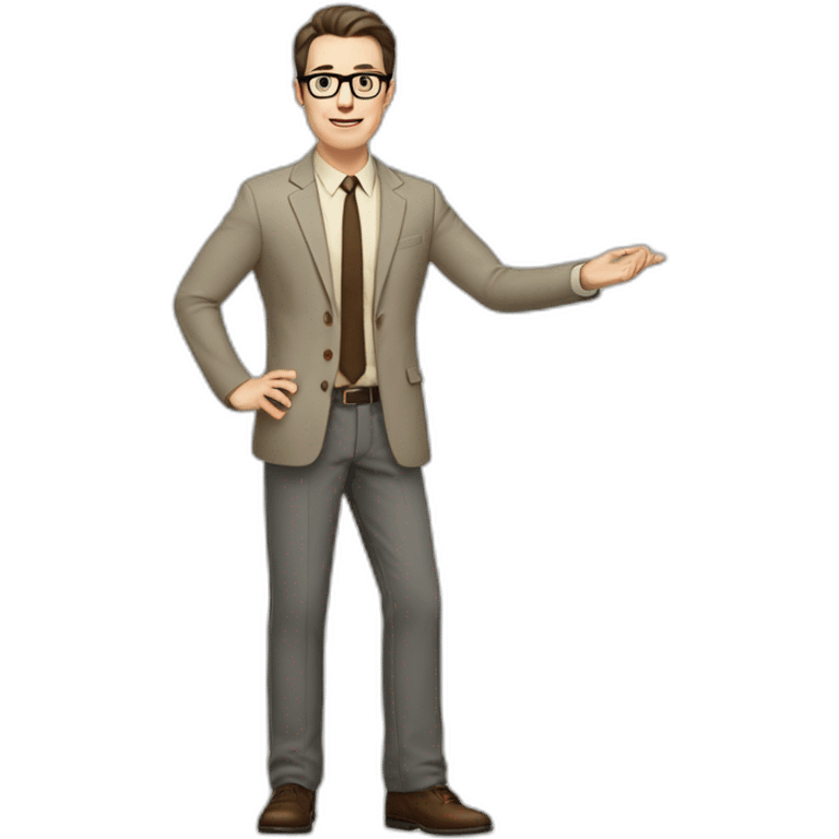 Full height Actively Gesturing Pale skinned fit man with dark brown hair in gray jacket, beige office shirt, brown tie, brown pants and vintage glasses. emoji