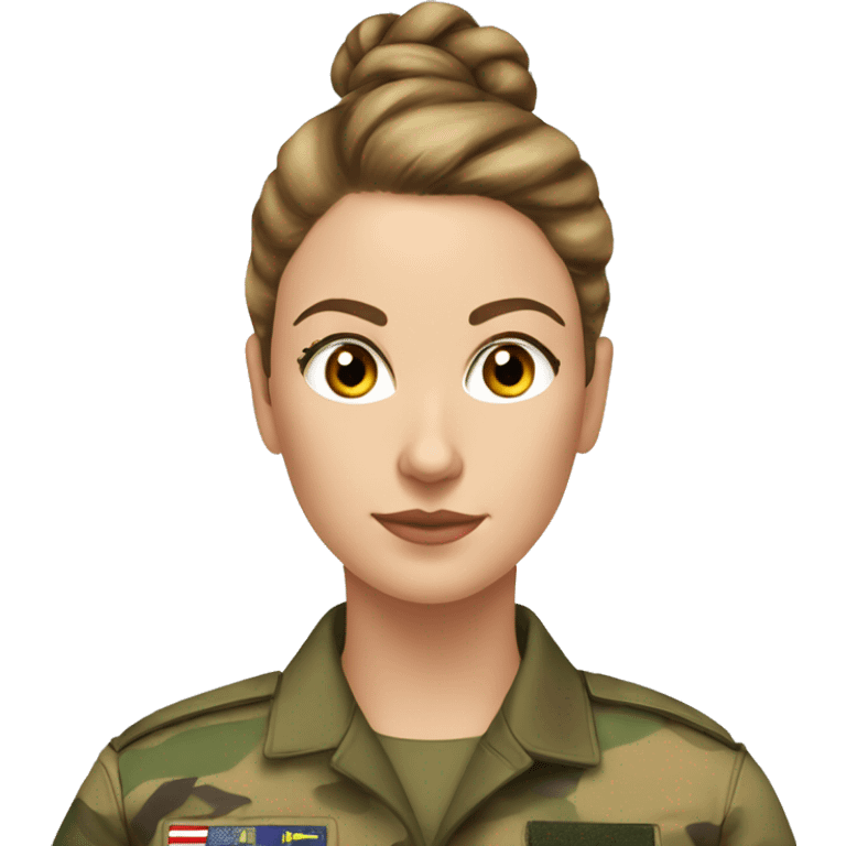 White Woman in camo military uniform , brown hair, hair bun emoji