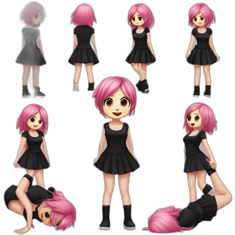 Full body Front view curvy emo girl pink hair sits on the floor straight view hands up black skirt полосатые рваные чулки emoji