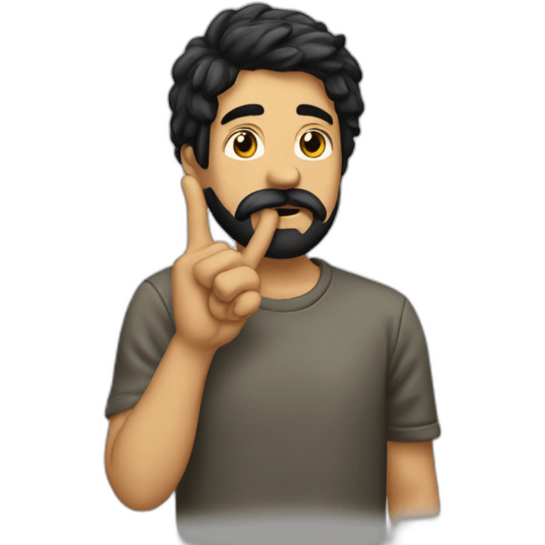 A guy with his finger in his mouth making the silence sign, black hair, beard emoji