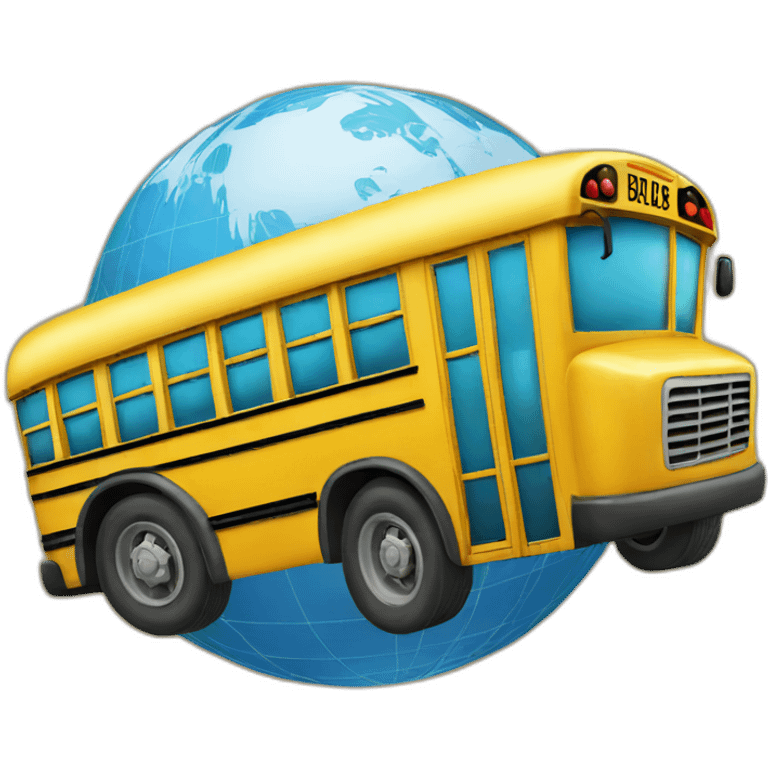 School bus hanging from globe emoji