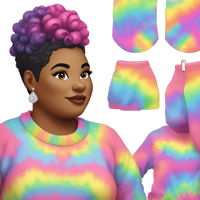 Plus size black woman with pink curly pixie cut hair and a rainbow tie dye sweater , and diamond stud earrings  emoji