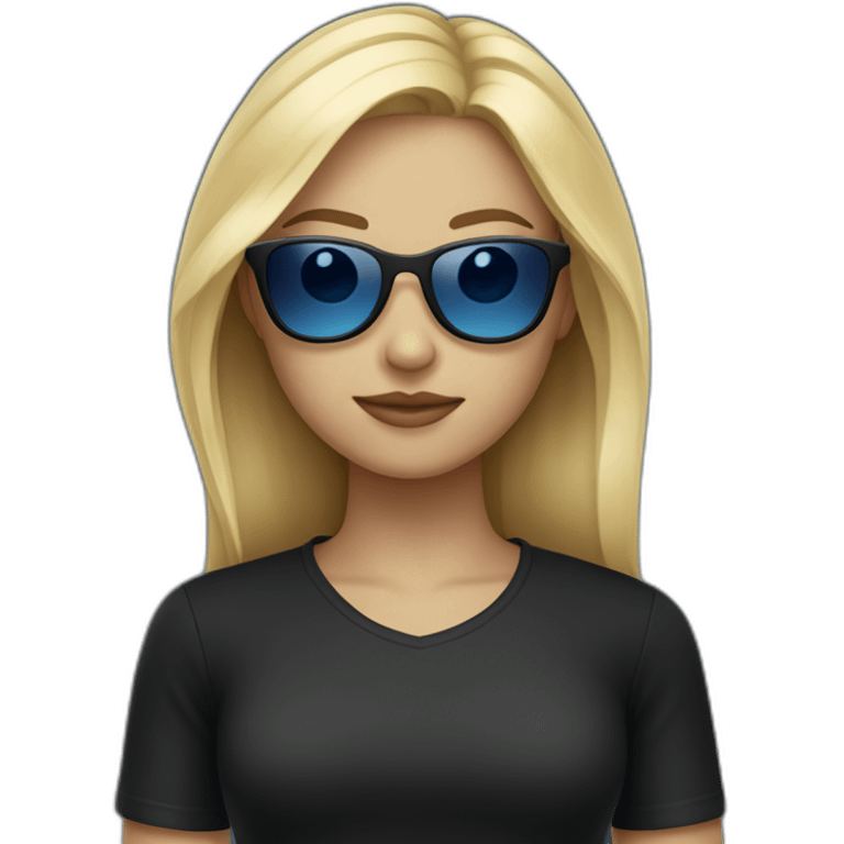 blonde girl with blue sunglasses and a black shirt with a smug facial expression emoji