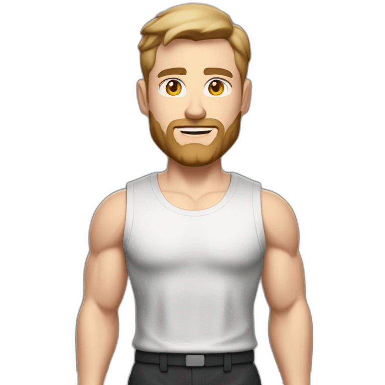 Full height Pale skinned fit man With biceps, Realistic eyes and mouth, light brown hair and stubble In dark gray sleeveless mike, black oversize sports shorts, watch and white sneakers. emoji