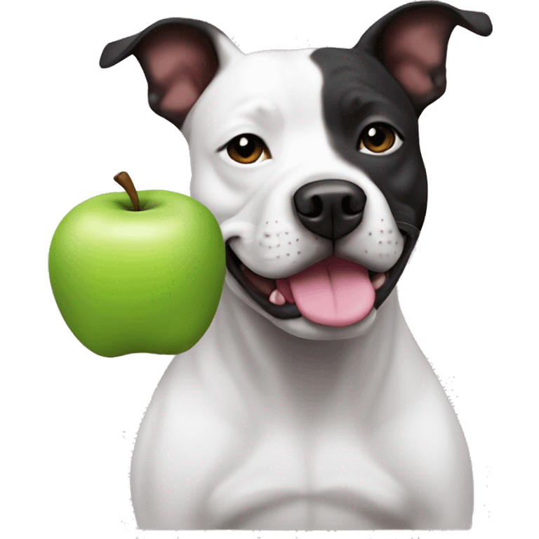 staffy dog has a white face. he has black ears, with a pink hue inside the ear. he has spots, which are on his mane not on his face! he is sitting down and make him look like an apple emoji  emoji