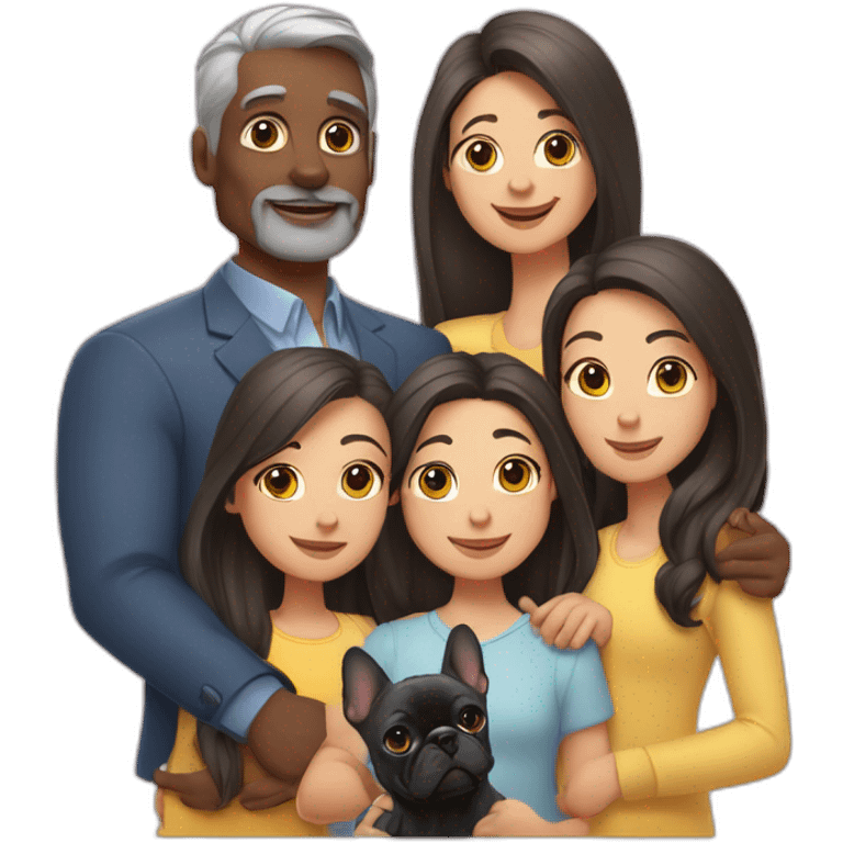 Family of five-dad-mother-with-grey-hair-and-two-brunettes-daughters-with-long-hair-and-just-one-black-French-bulldog emoji