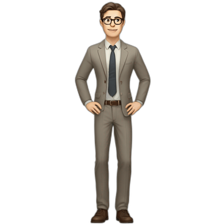 Full height Pale skinned Fit Man With dark brown hair in gray jacket, beige office shirt, tie, Brown pants and vintage glasses. Thrumbs of his palms directed up emoji