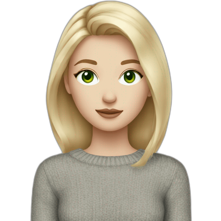 medium blonde girl with page cut, eyeliner, green eyes, pale skin and a grey sweater emoji