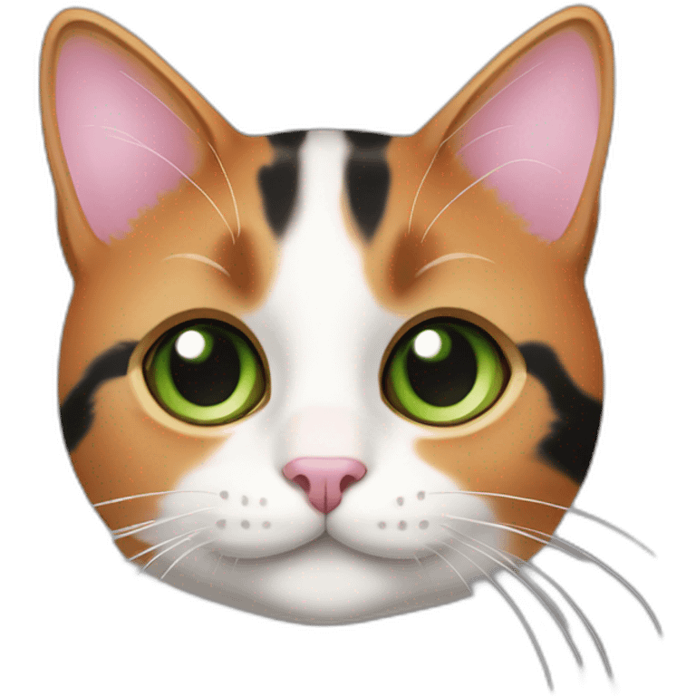 young striped calico cat face with a pink nose, white chin, green eyes, and orange/brown markings emoji