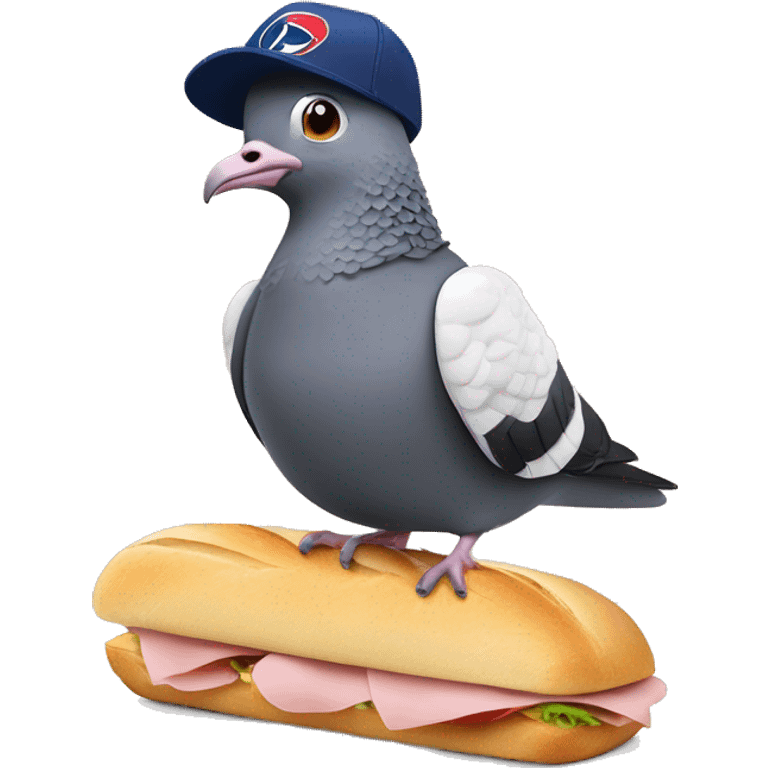 Pigeon with a PSG football club hat lying on a ham and butter baguette sandwich emoji