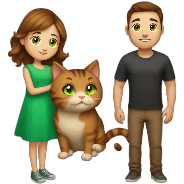 Girl with brown hair. boy with brown hair and green eyes and hugs brown fat cats emoji