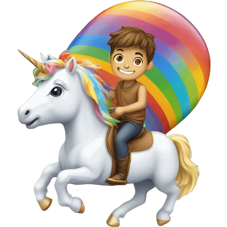 Boy riding unicorn on a rainbow emoji