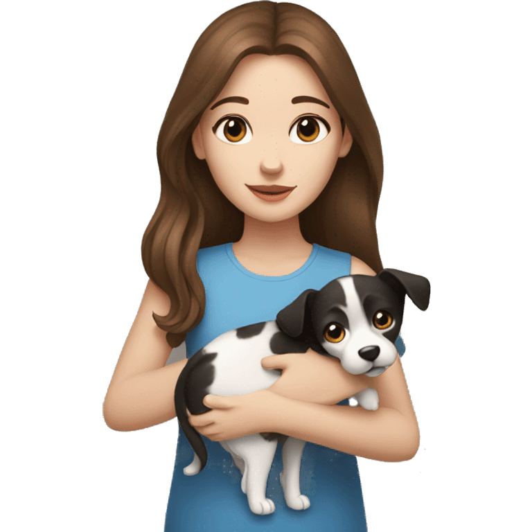 girl with brown hair blue eyes holding a black and white dog emoji