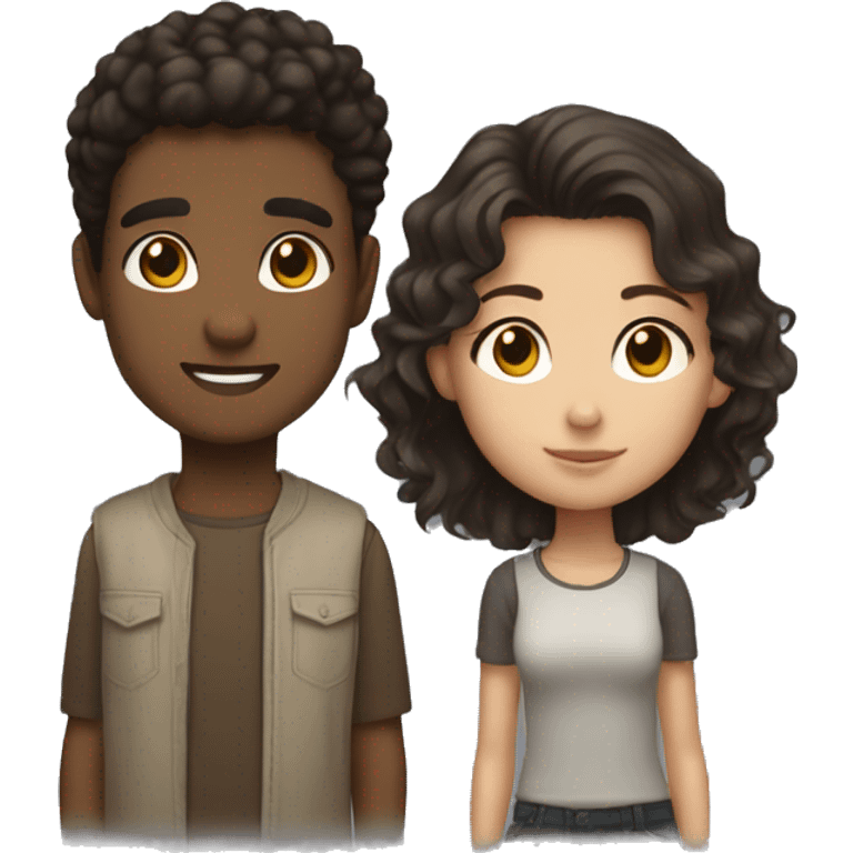 couple of boy and girl. boy is taller than her, he is strong, with dark, short, curly hair and brown small eyes. she is brunette and beautiful emoji