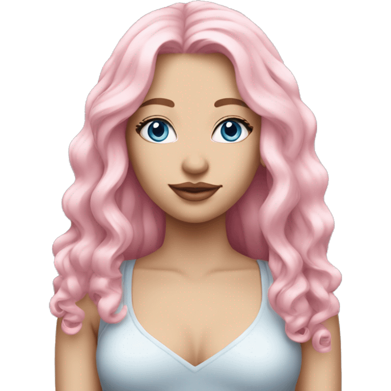 a beautiful girl with fair skin, blue eyes and long soft pink hair, with pink lipstick on her lips. full length emoji