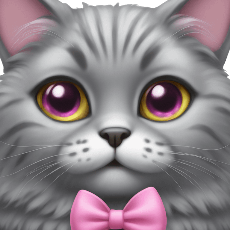 fluffy gray little cat with big eyes and a pink bow emoji