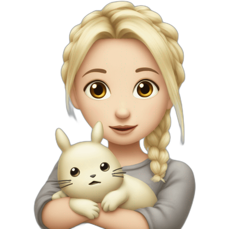 bébé fille blonde décoiffée avec une peluche Totoro  emoji