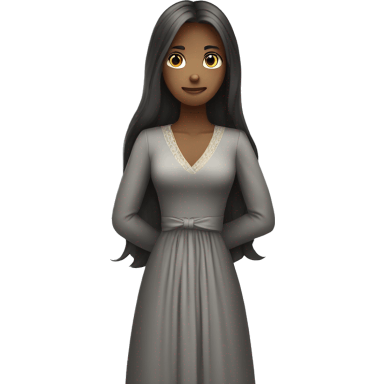 A young women with long hairs in formal dress standing and folding her hands emoji