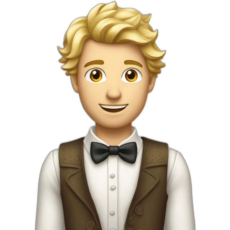 Homme blond décoiffé avec un jabot blanc un gilet de costume long et une chemise à froufrou emoji