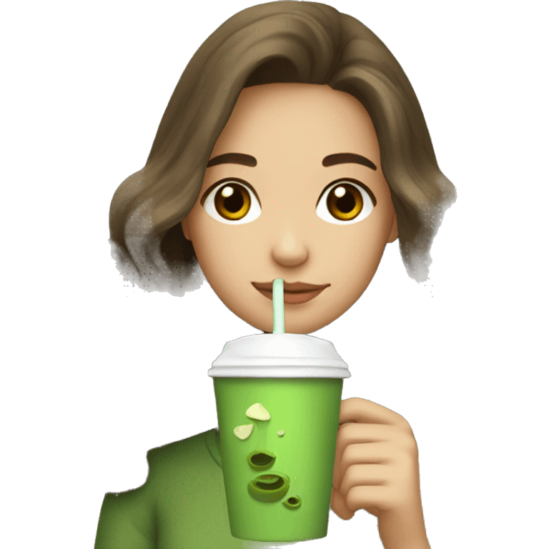 Girl long, wavy & brown haired drinking matcha  emoji