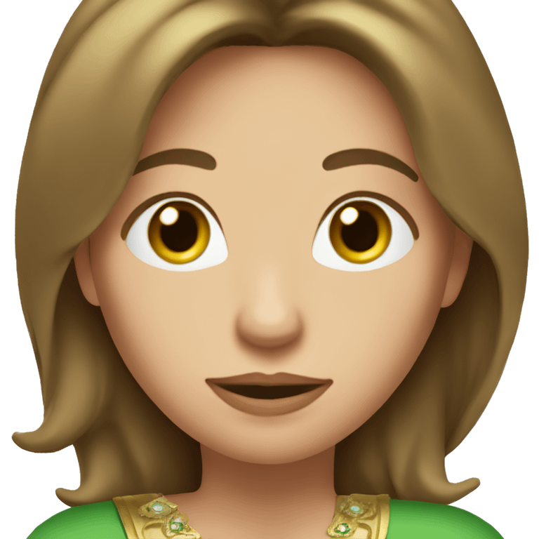 pretty 40 year old woman with grass green eyes and shoulder length straight brown hair gold princess crown emoji