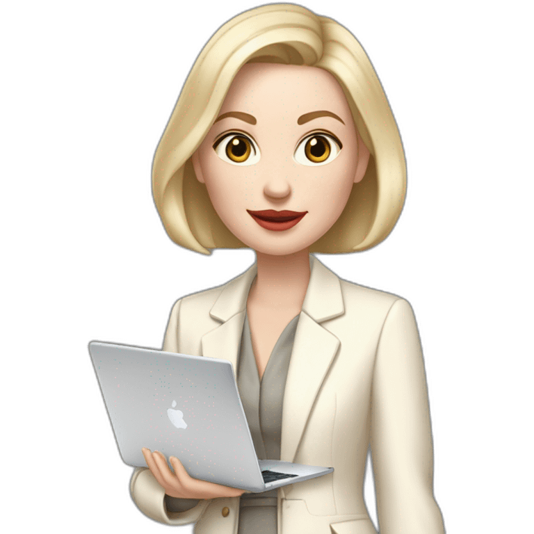 pale skin woman with ash blonde Straightened bob Hair, White Spacious classical jacket, beige palazzo Arrow pants and gray blouse holding a MacBook in the hands emoji