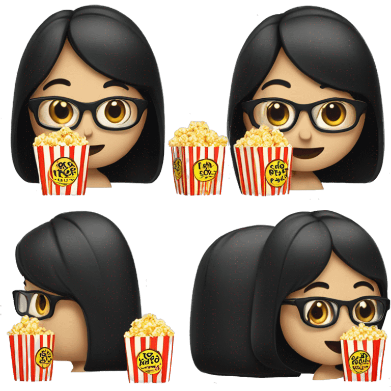 Pale girl with long black hair eating popcorn with 4D glasses emoji