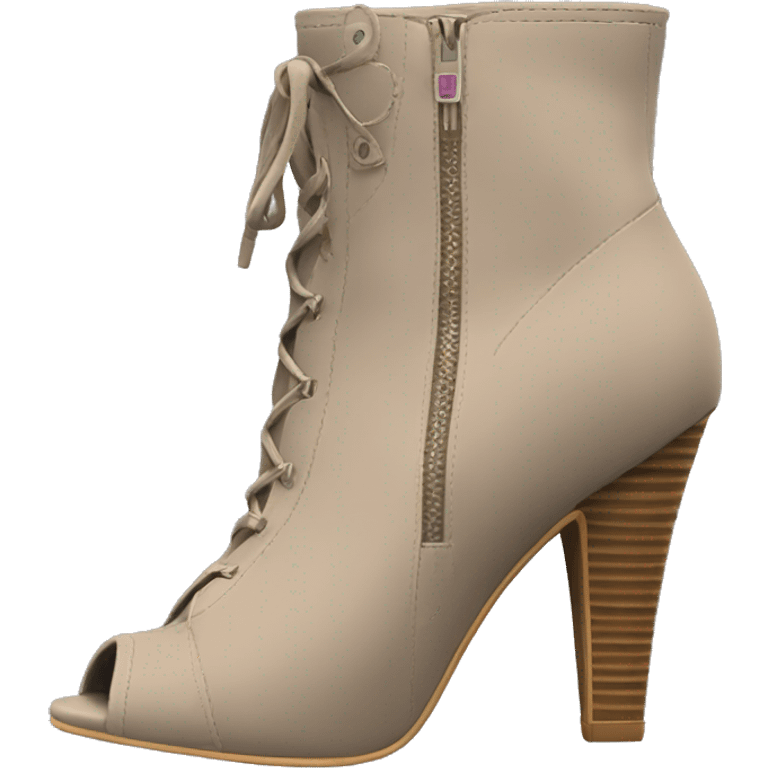 Realistic pair of Isolated taupe peep toe zip up bootie boots facing forward.  emoji