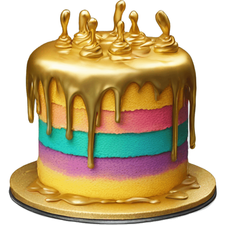 Realistic isolated colorful cake with metallic gold icing dripping from top and all down along the cake emoji