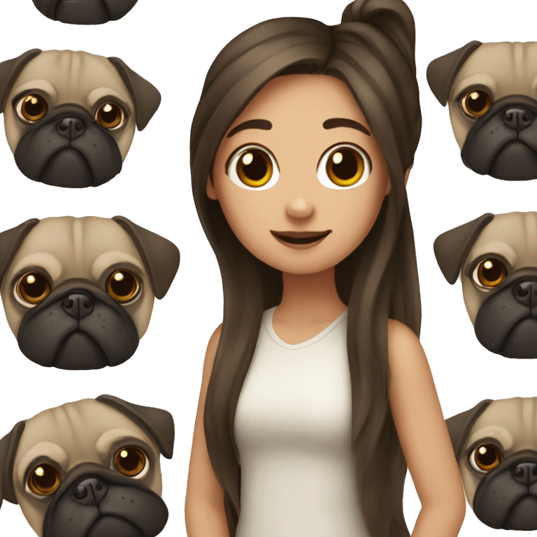 Girl with long brown hair and dark pug emoji